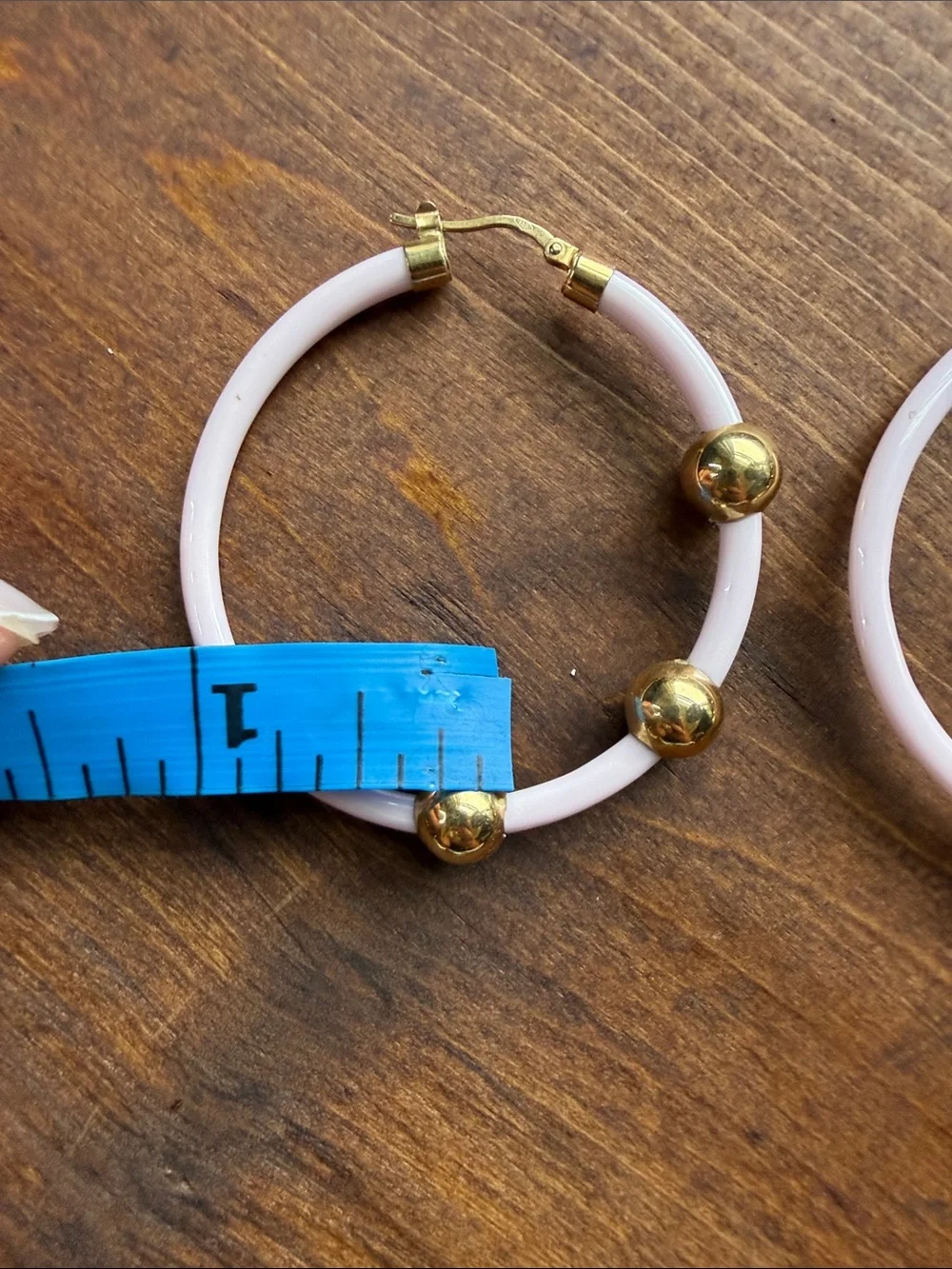 Vintage 750 Pink Hoop Earrings with Gold Bead Accents - Picture 5 of 7